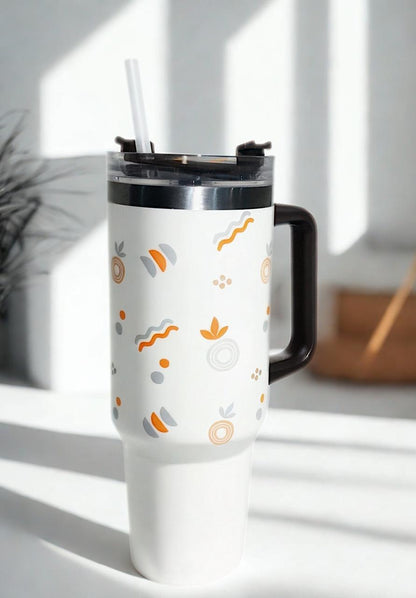 Large Insulated Tumbler with Handle and Straw – 40 oz Stainless Steel Travel Mug with Cute Printed Design – Leakproof, Reusable, Keeps Drinks Hot or Cold