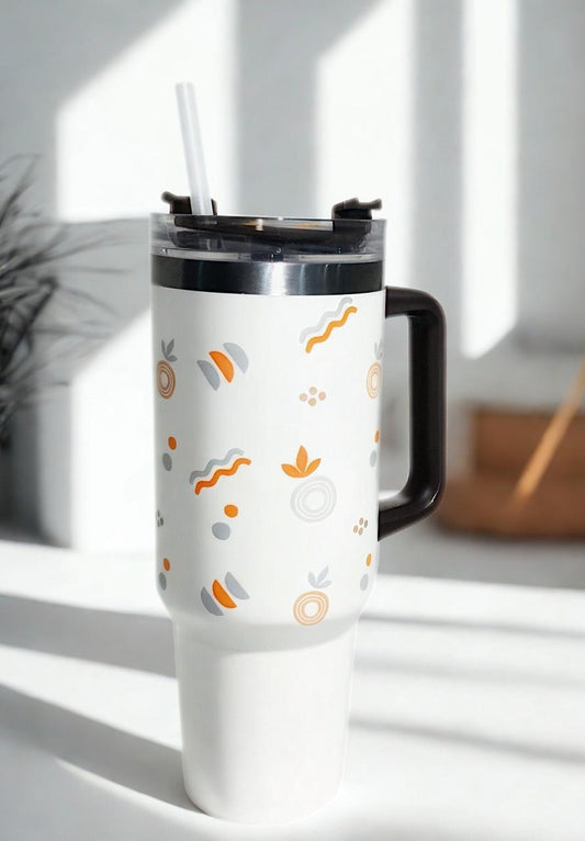 Large Insulated Tumbler with Handle and Straw – 40 oz Stainless Steel Travel Mug with Cute Printed Design – Leakproof, Reusable, Keeps Drinks Hot or Cold